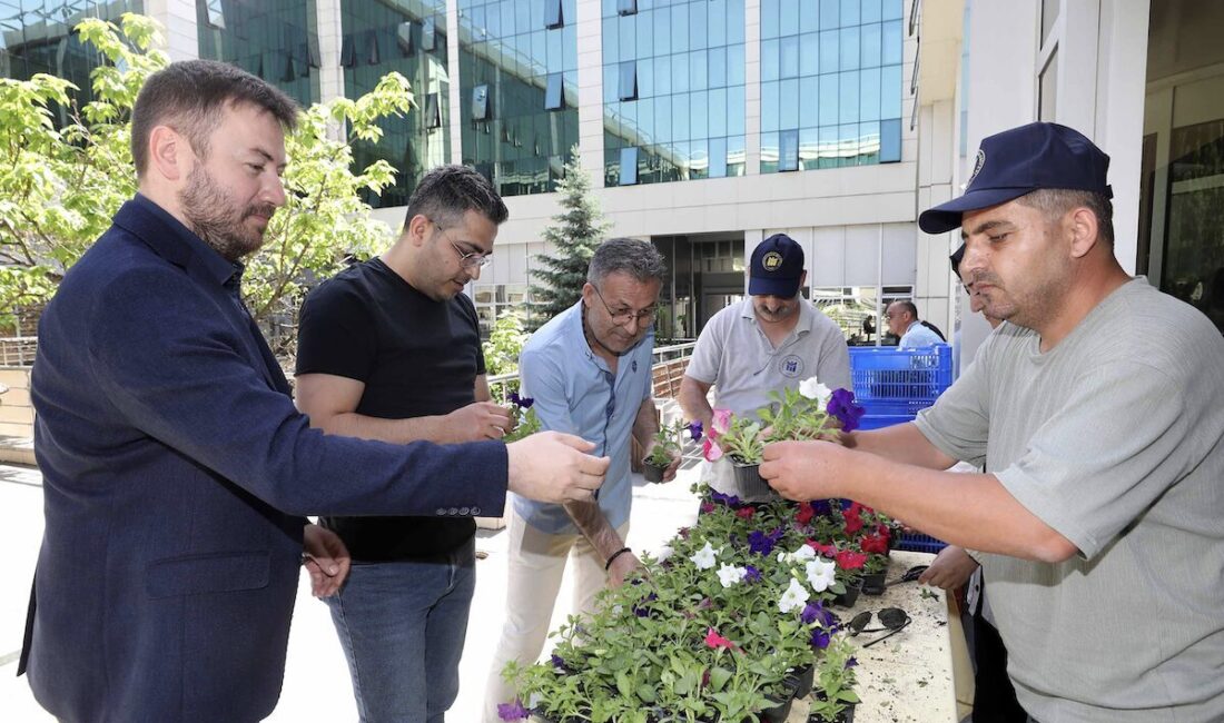 Vergi ödemesi için belediye binasına gelen vatandaşlar, belediye personelinin çiçek