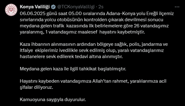 Konya’nın Ereğli ilçesinde yolcu otobüsünün devrilmesi sonucu 1 kişi hayatını